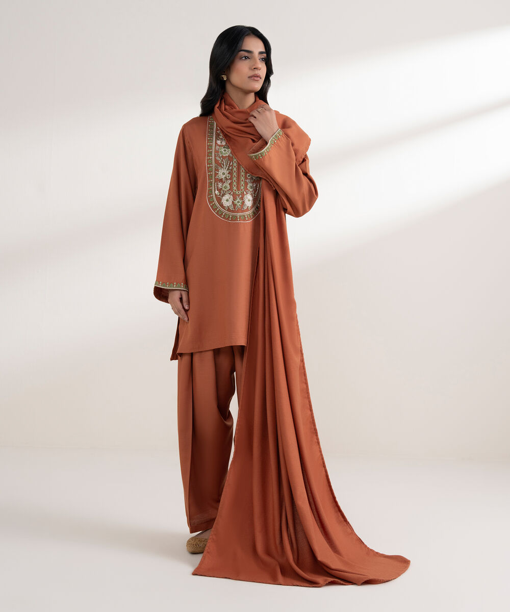 Women's RTW Arabic Khaddar Embroidered Rust Straight Shirt