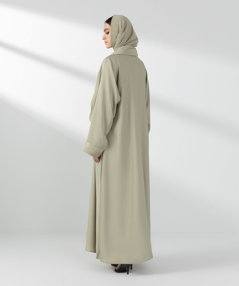 Woman - Green Embroidered Button Through Abaya Set