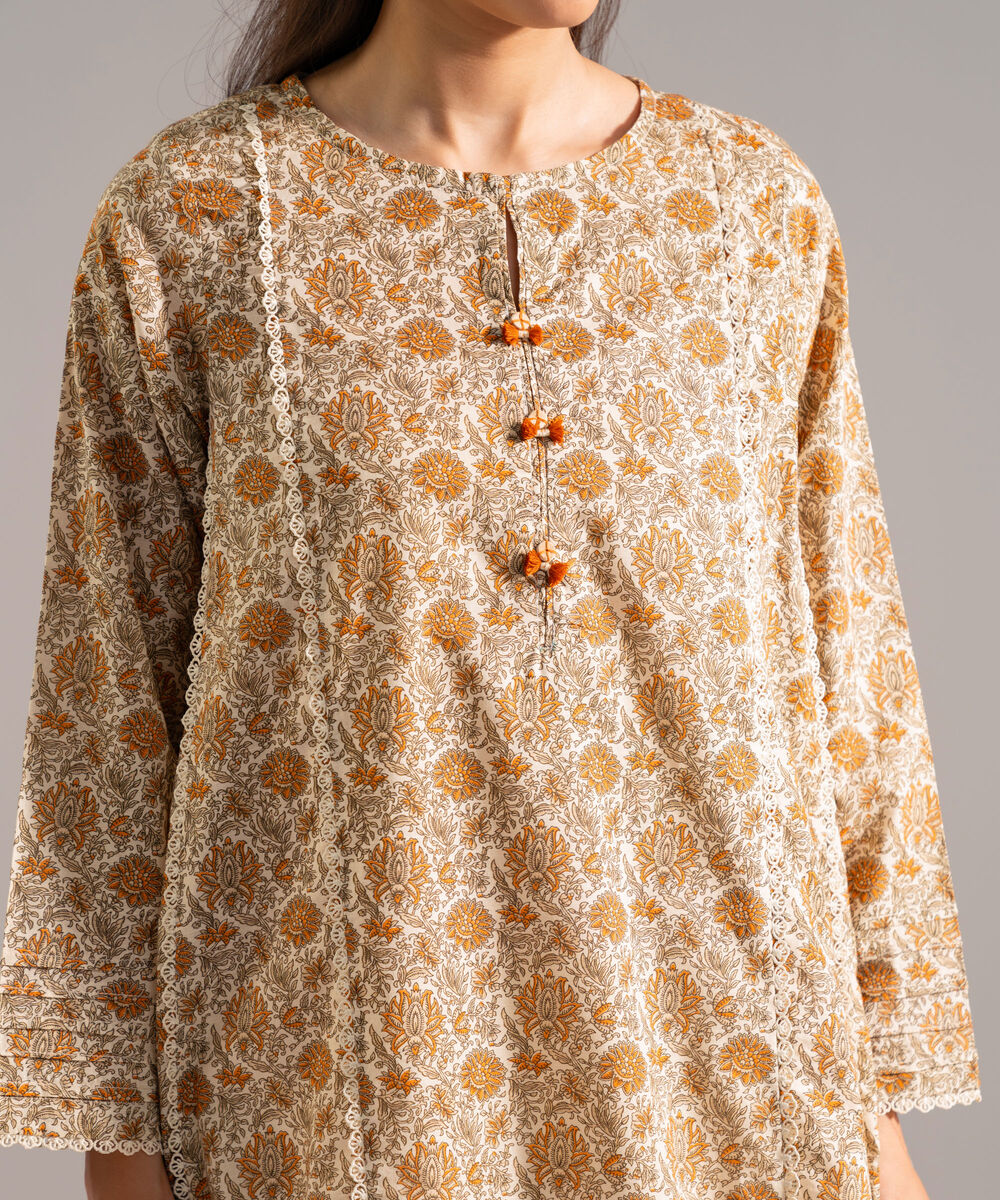 Women's RTW Slub Lawn Printed Beige A-Line Shirt