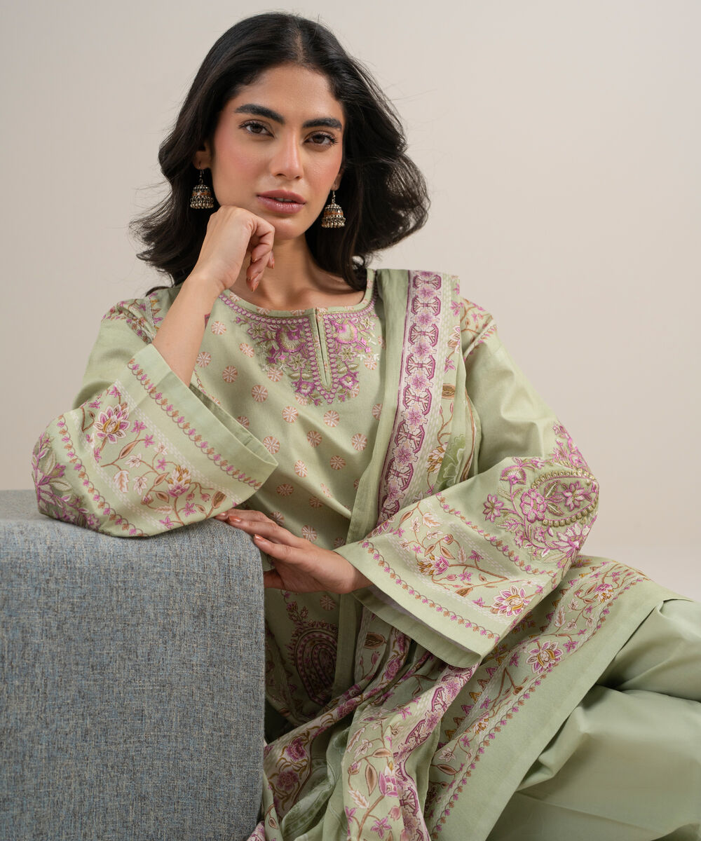 Women's Unstitched Lawn Embroidered Light Green 3 Piece Suit