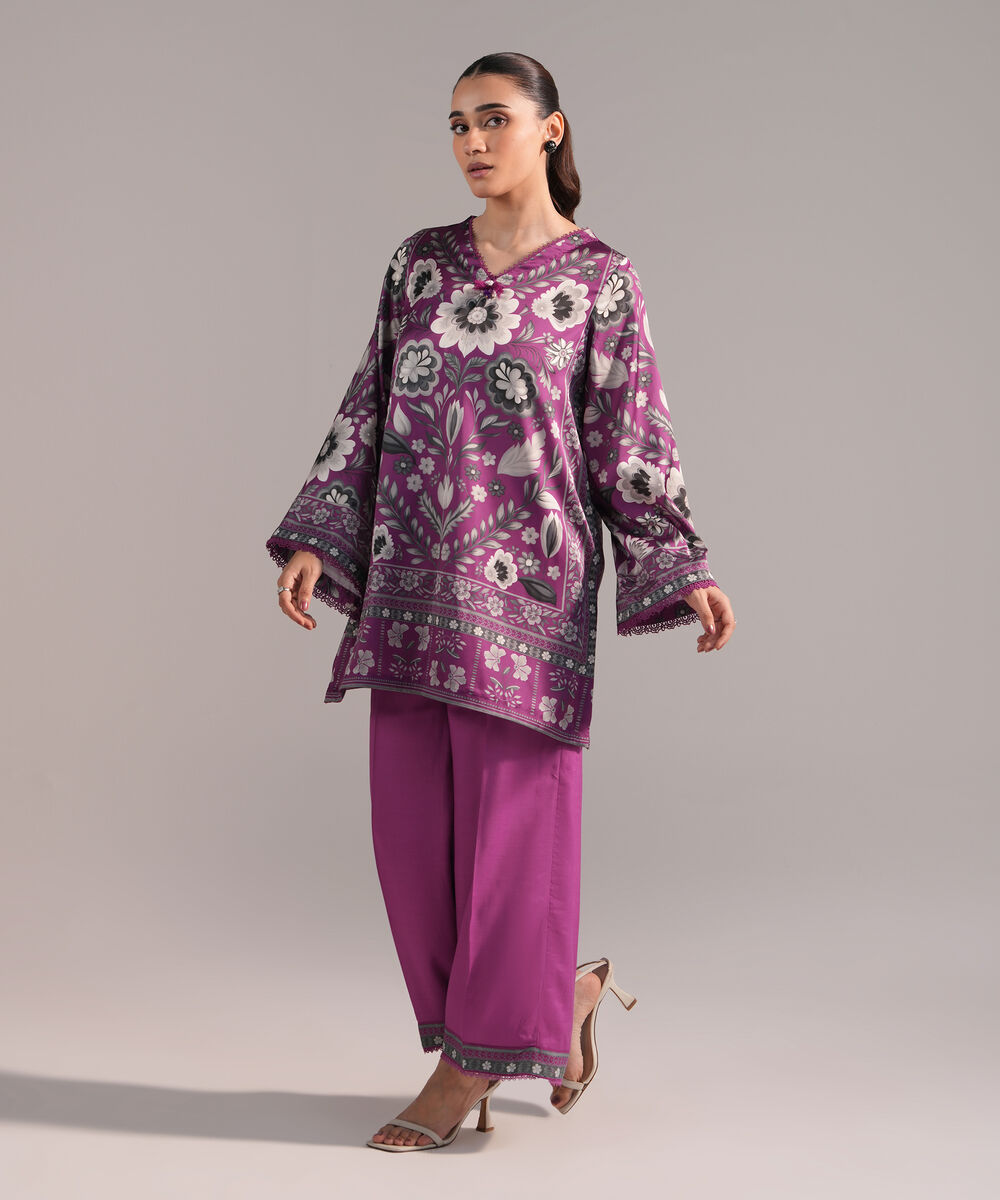 Women's RTW Blended Satin Printed Purple 2 Piece Suit