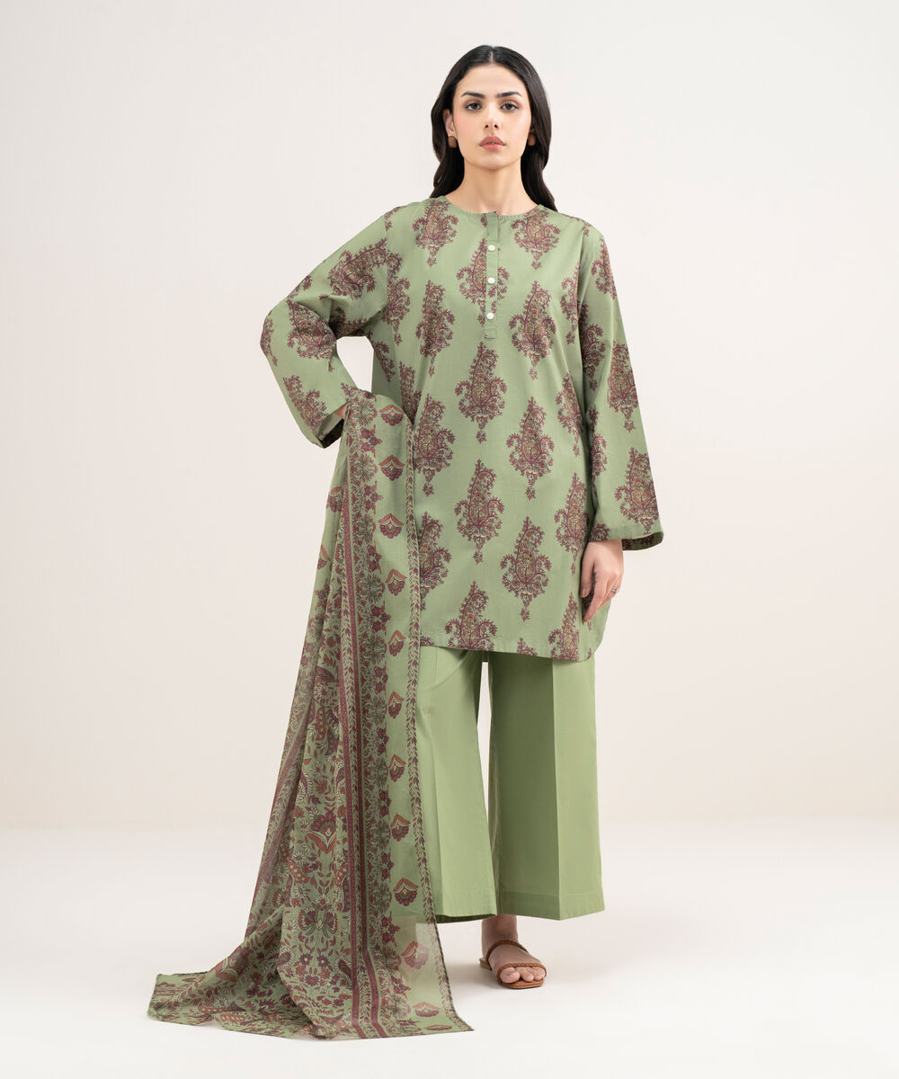 Women's RTW Cambric Printed Green 3 Piece Suit