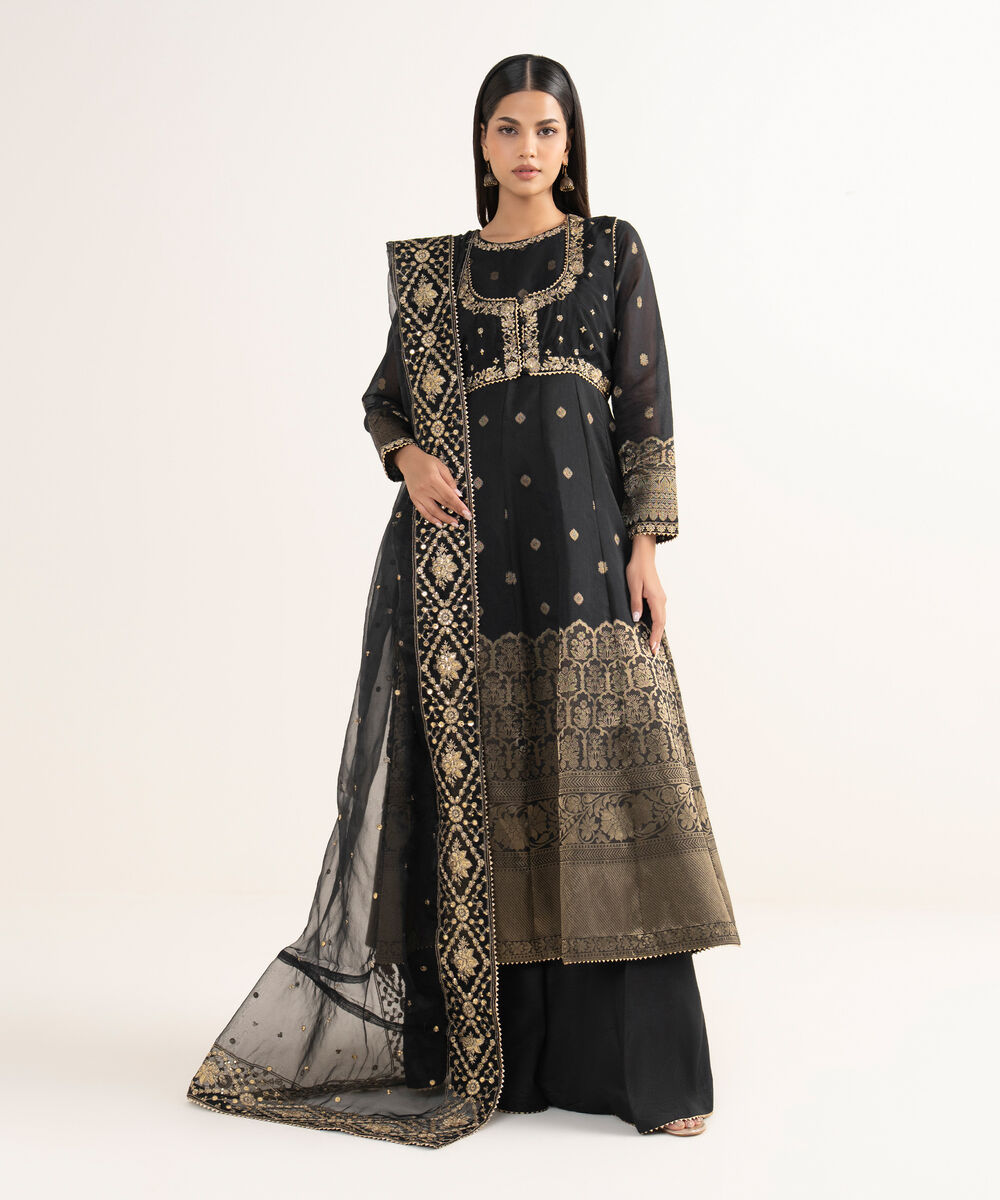 Women's RTW Zari Jacquard Black Embroidered 3 Piece Suit