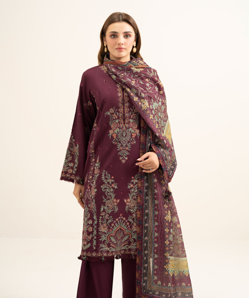 Women's Unstitched Textured Lawn Embroidered Pink 3 Piece Suit