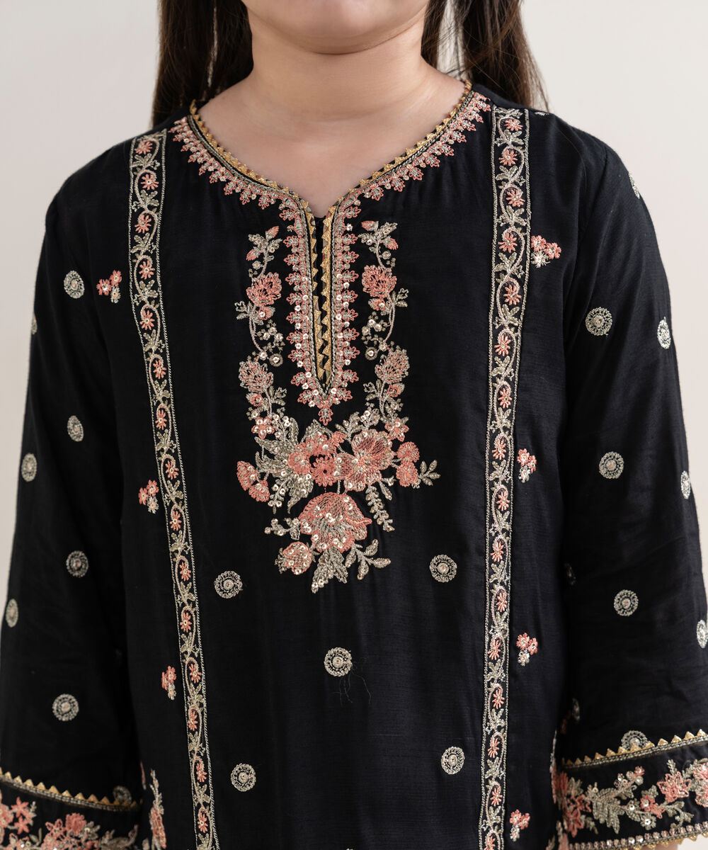 Girl's Viscose Raw Silk Black Embroidered 3 Piece Suit