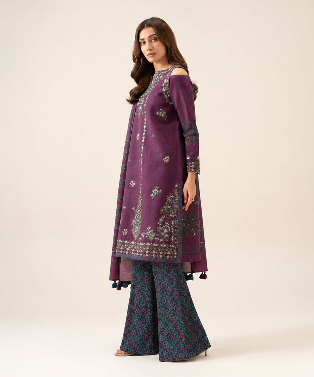 Women's Unstitched Light Khaddar Embroidered Plum 3 Piece Suit