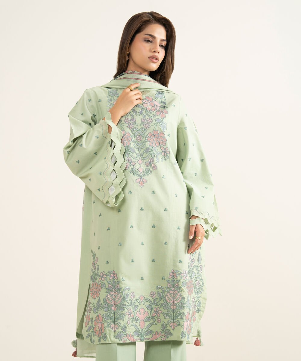 Women's Unstitched Textured Lawn Embroidered Green 3 Piece Suit