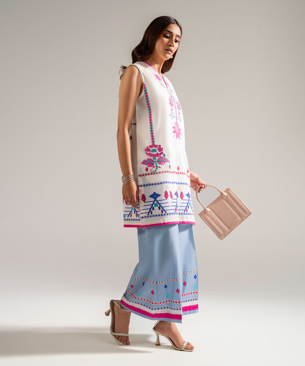 Women's RTW Lawn Embroidered White Straight Shirt