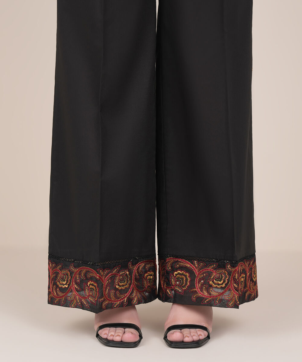 Women's RTW Cambric Black Embroidered Flared Pants