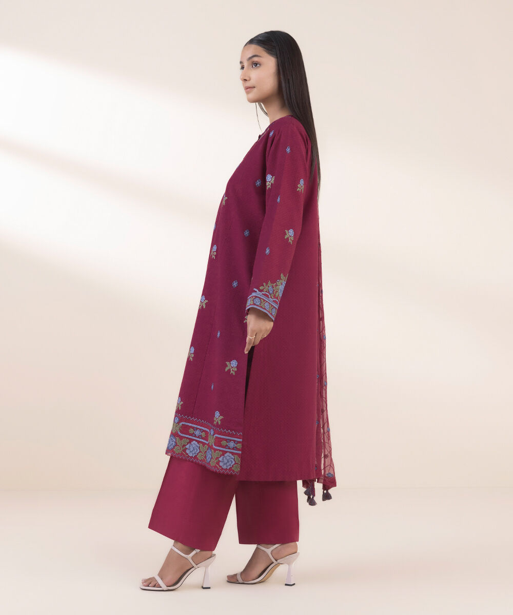 Women's Unstitched Red Dobby 3 Piece Suit