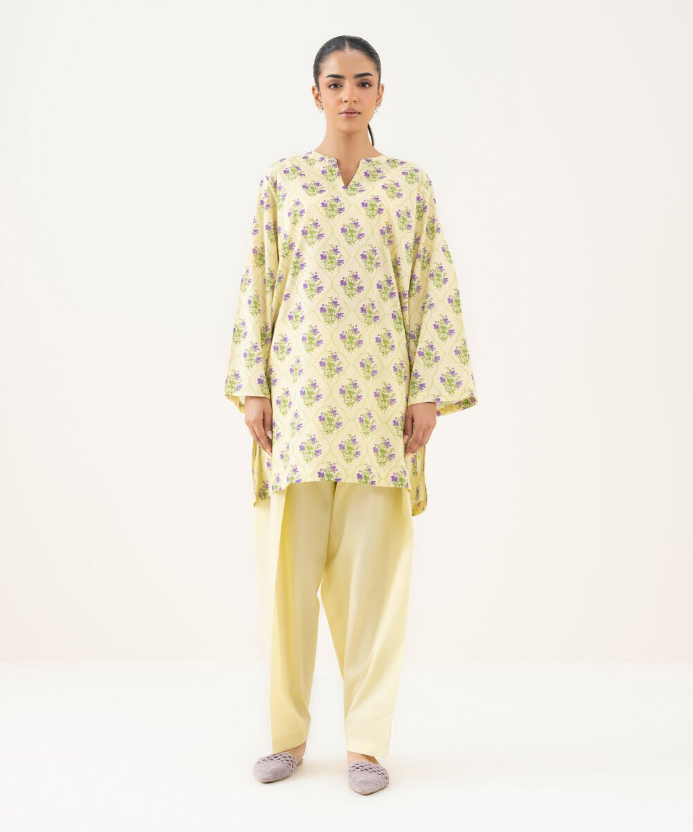 Women's RTW Cambric Printed Yellow Drop Shoulder Shirt