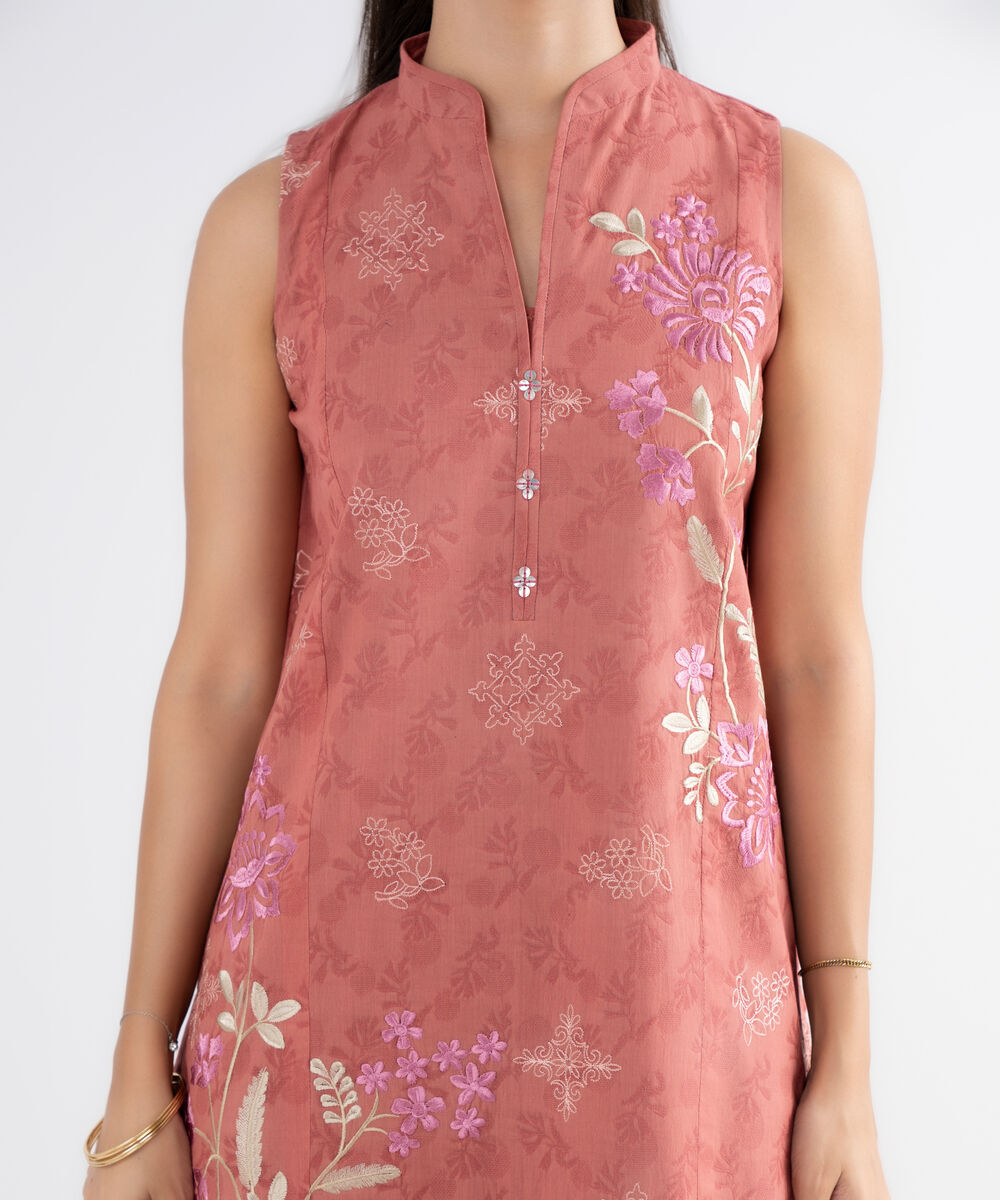 Women's Unstitched Cotton Jacquard Embroidered Pink 3 Piece Suit