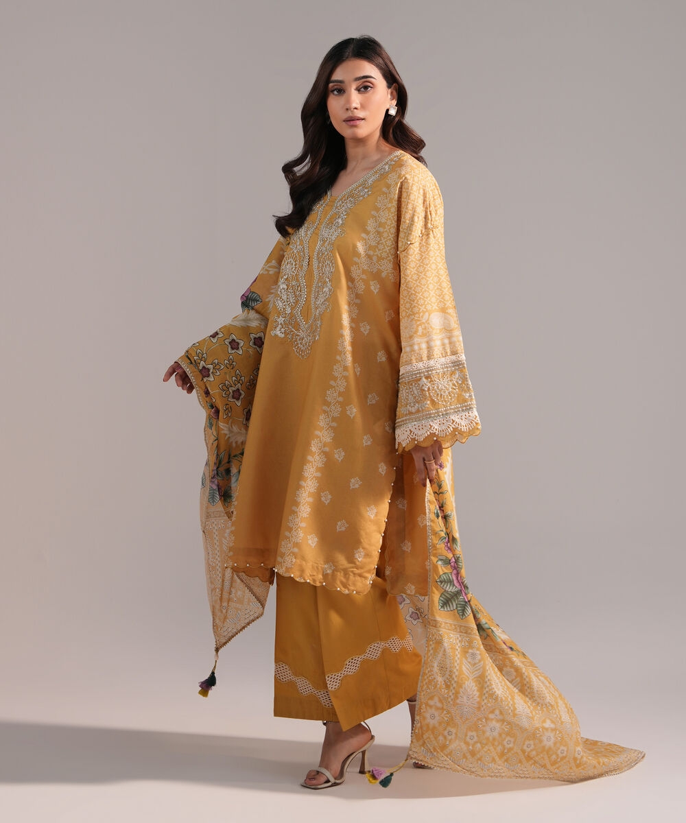 Women's RTW Zari Lawn Embroidered Yellow 3 Piece Suit