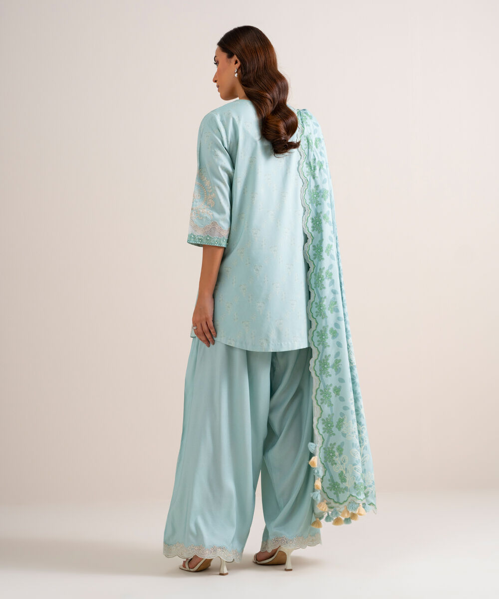 Women's Unstitched Embroidered Linen Light Aqua 3 Piece Suit