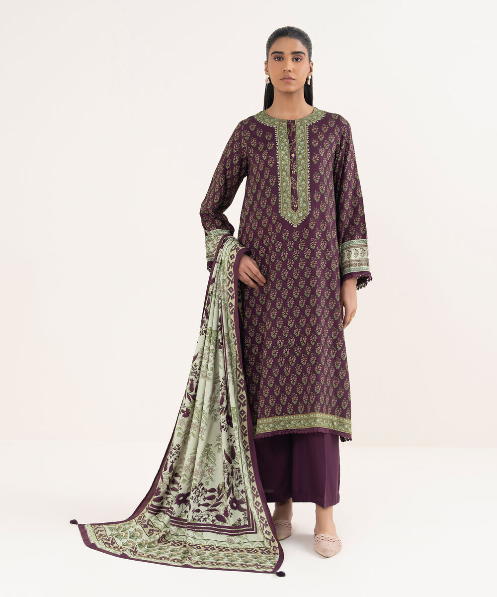 Women's RTW Viscose Linen Printed Purple Straight Shirt