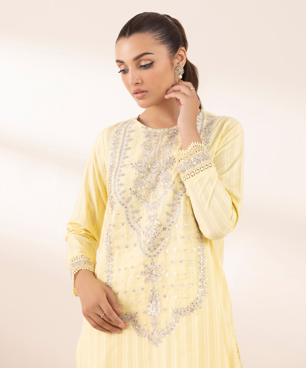 Women's RTW Dobby Yellow Embroidered A-Line Shirt