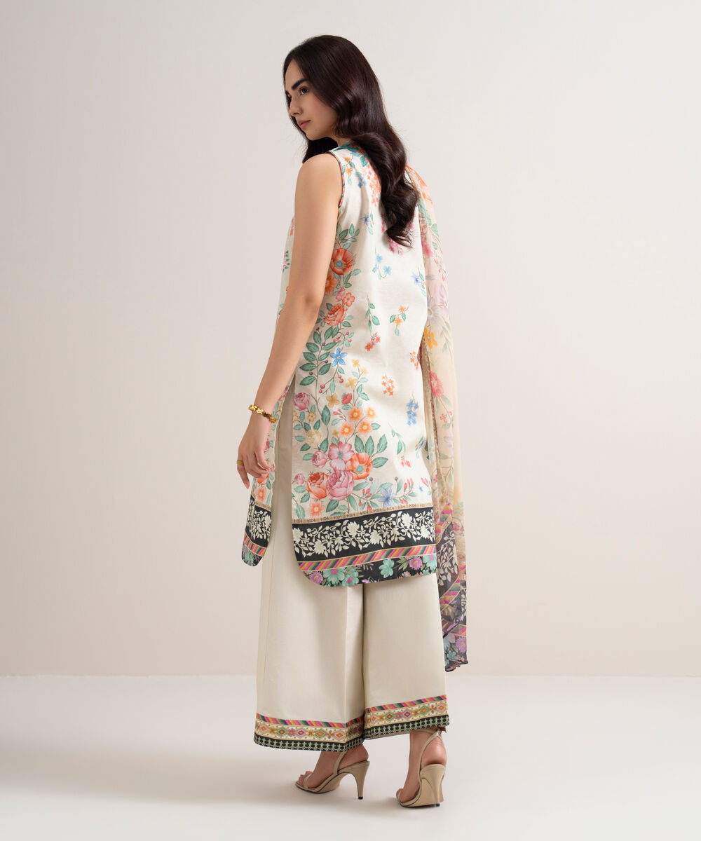 Women's Unstitched Lawn Printed Off White 3 Piece Suit