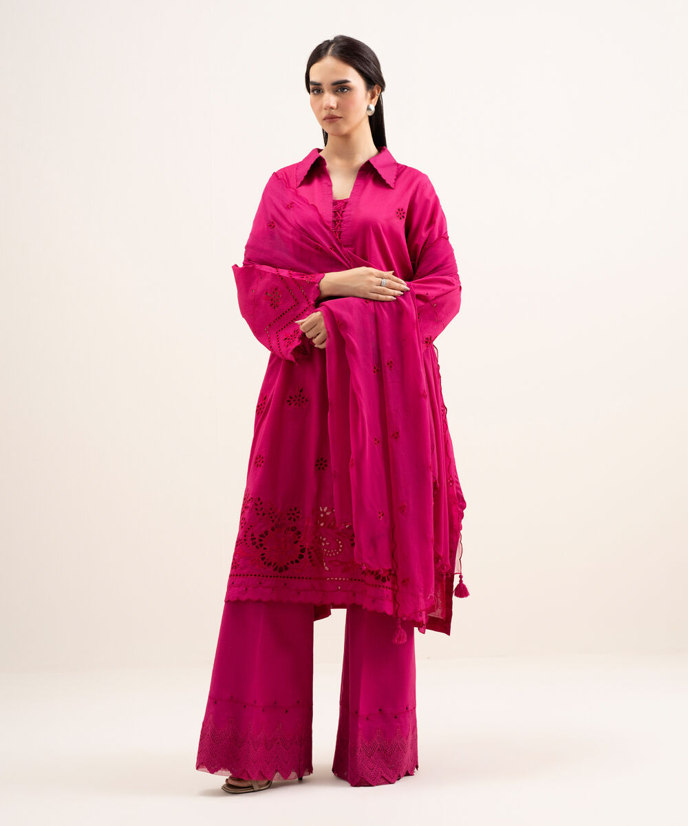 Women's Unstitched Textured Lawn Embroidered Pink 3 Piece Suit