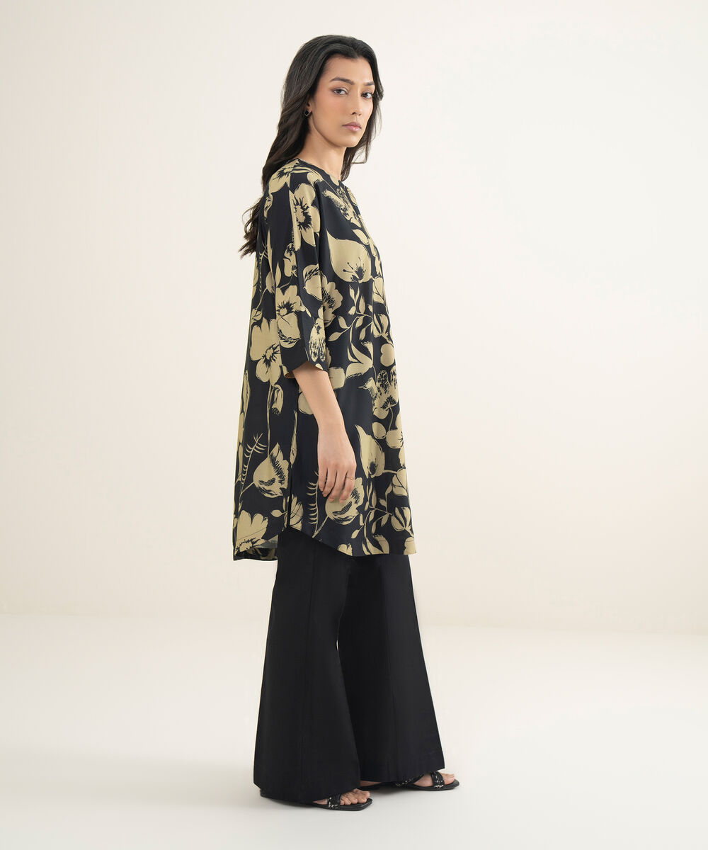 Women's RTW Arabic Cambric Printed Black Drop Shoulder Shirt