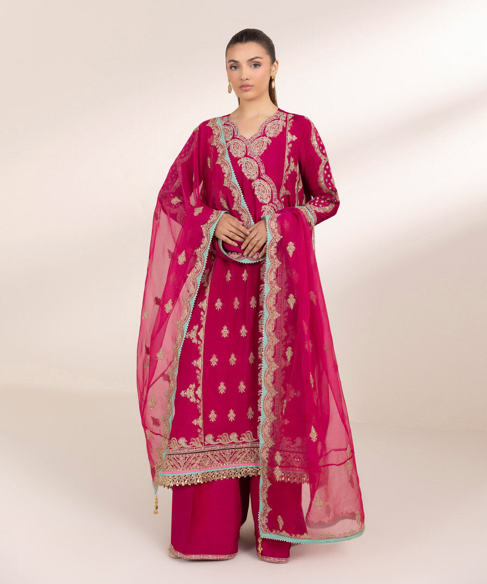 Women's Pret Blended Organza Red Embroidered 3 Piece Suit