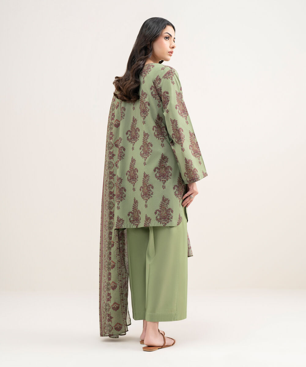 Women's RTW Cambric Printed Green 3 Piece Suit