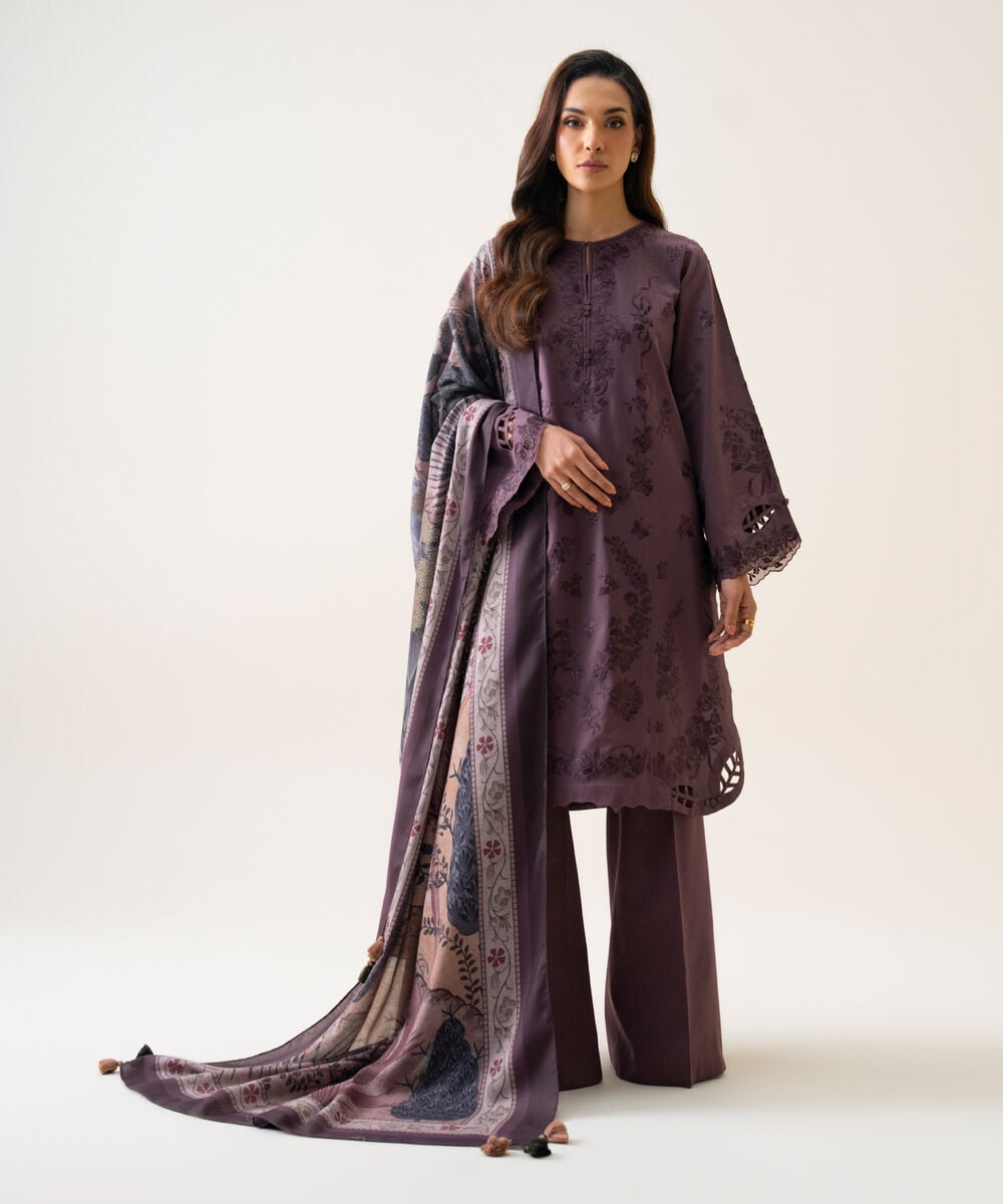 Women's Unstitched Cotton Twill Embroidered Mauve 3 Piece Suit