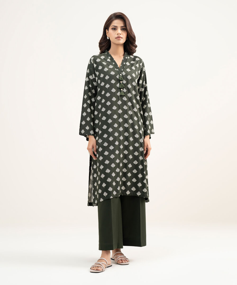 Women's RTW Arabic Lawn Printed Dark Green Straight Shirt