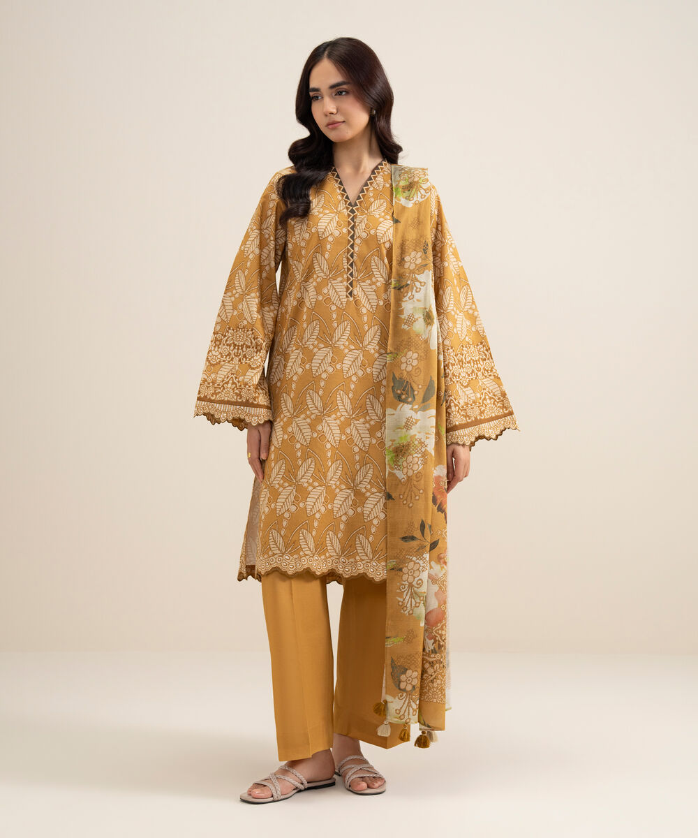Women's Unstitched Lawn Printed Yellow 3 Piece Suit