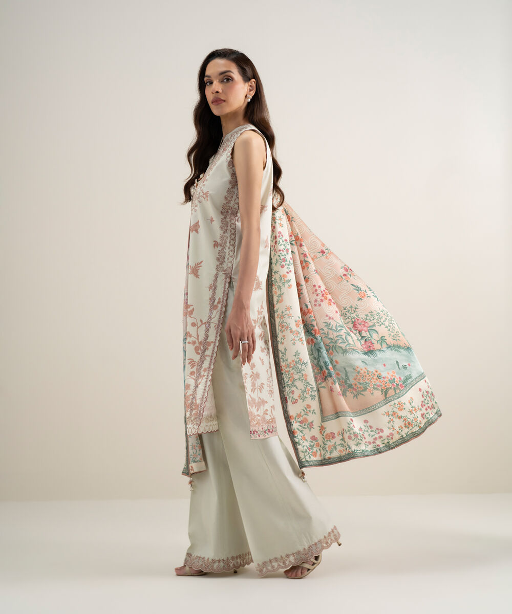 Women's Unstitched Lawn Embroidered Off White 3 Piece Suit