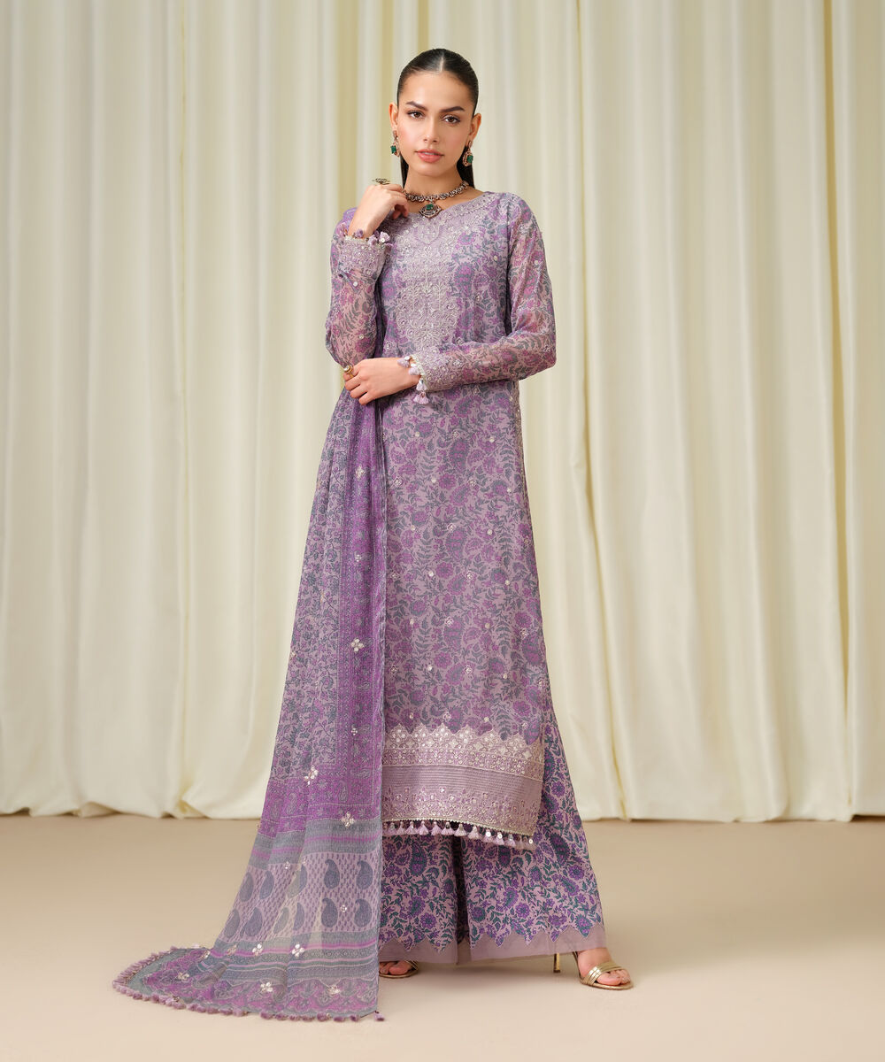 Women's Unstitched Blended Chiffon Embroidered Purple 3 Piece Suit