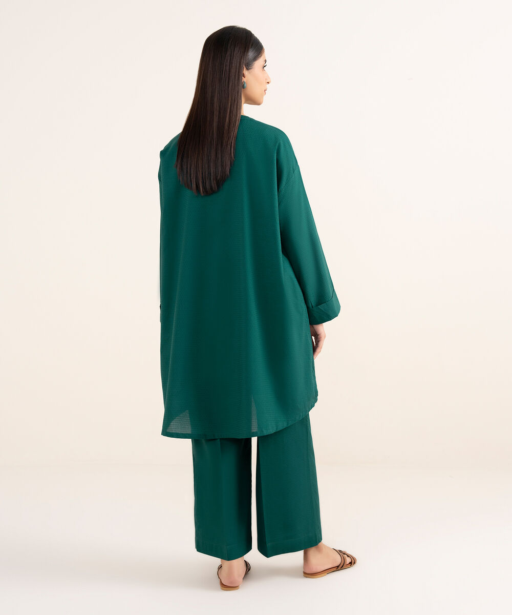Women's RTW Textured Lawn Green Solid Boxy Shirt