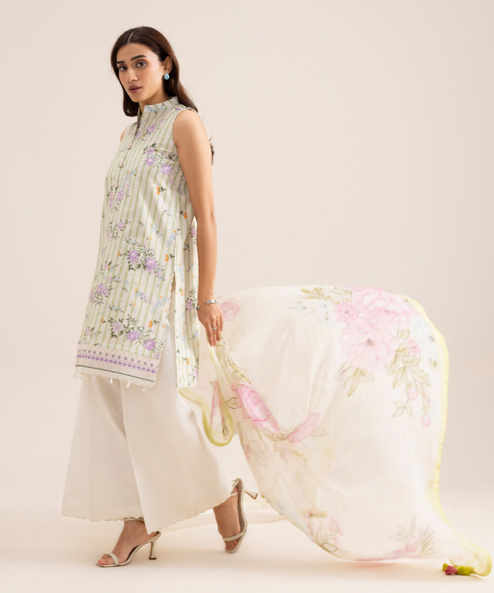 Women's Unstitched Lawn Embroidered Off White & Green 3 Piece Suit