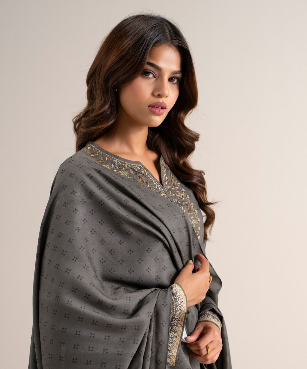 Women's Unstitched Embroidered Linen Gray 3 Piece Suit