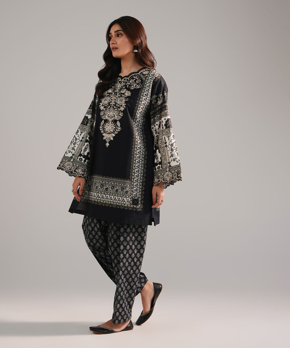 Women's RTW Cambric Embroidered Black Drop Shoulder Shirt