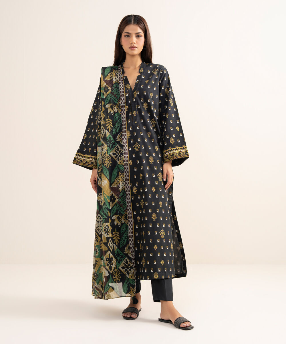 Women's Unstitched Lawn Printed Black 3 Piece Suit