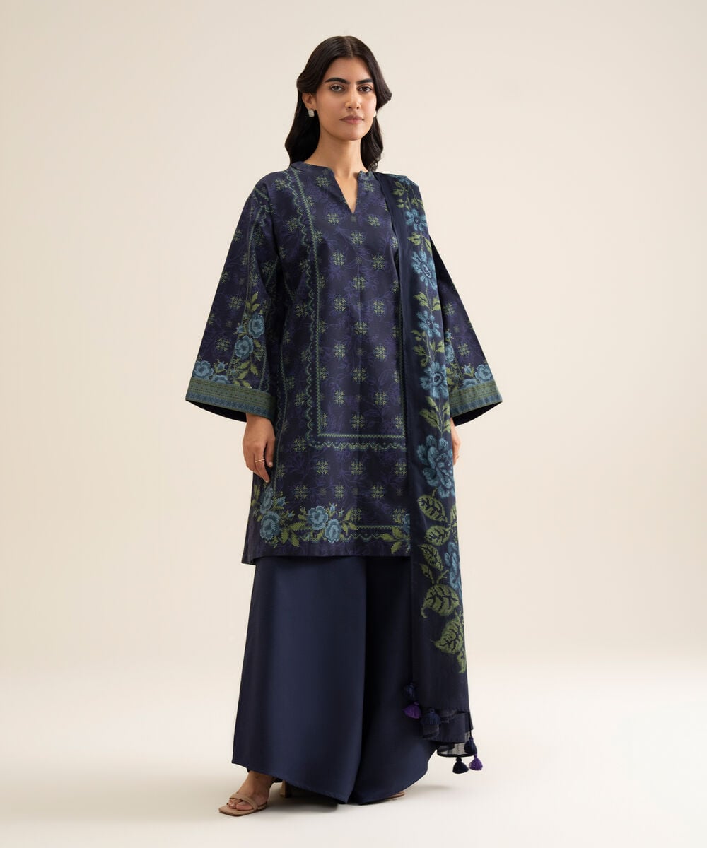 Women's Unstitched Cotton Printed Blue 3 Piece Suit
