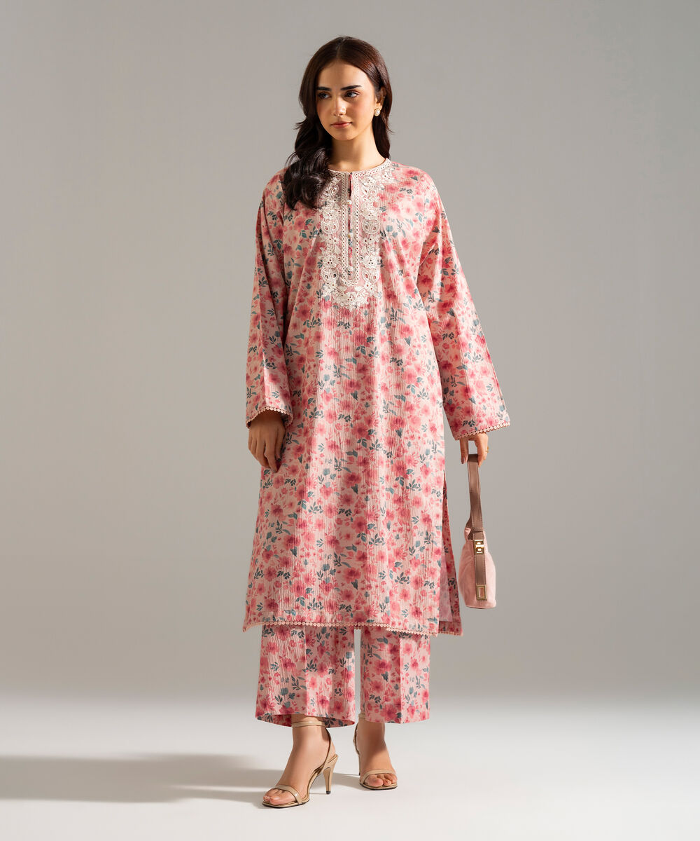 Women's RTW Seersucker Embroidered Pink 2 Piece Suit