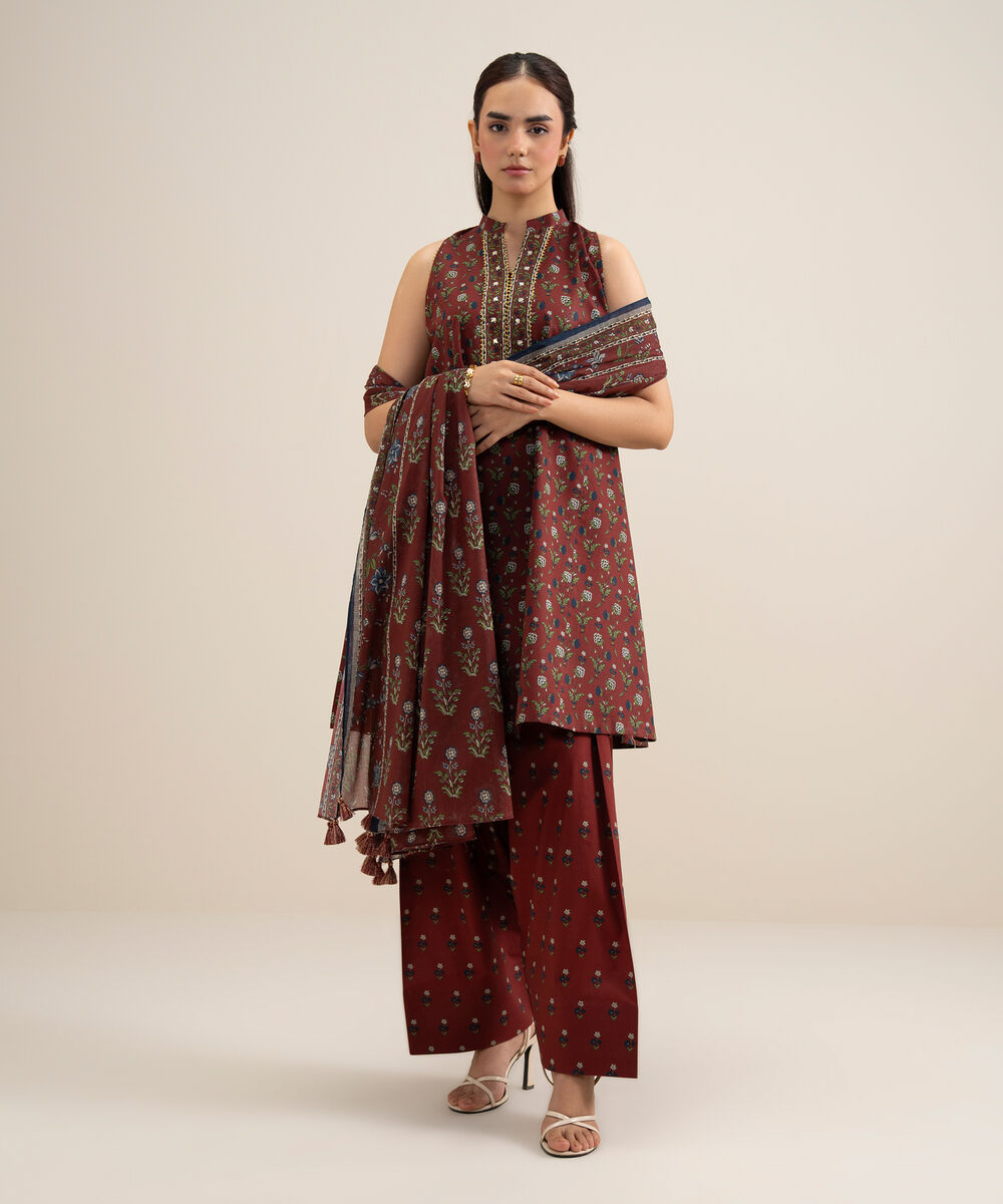Women's Unstitched Lawn Printed Red 3 Piece Suit