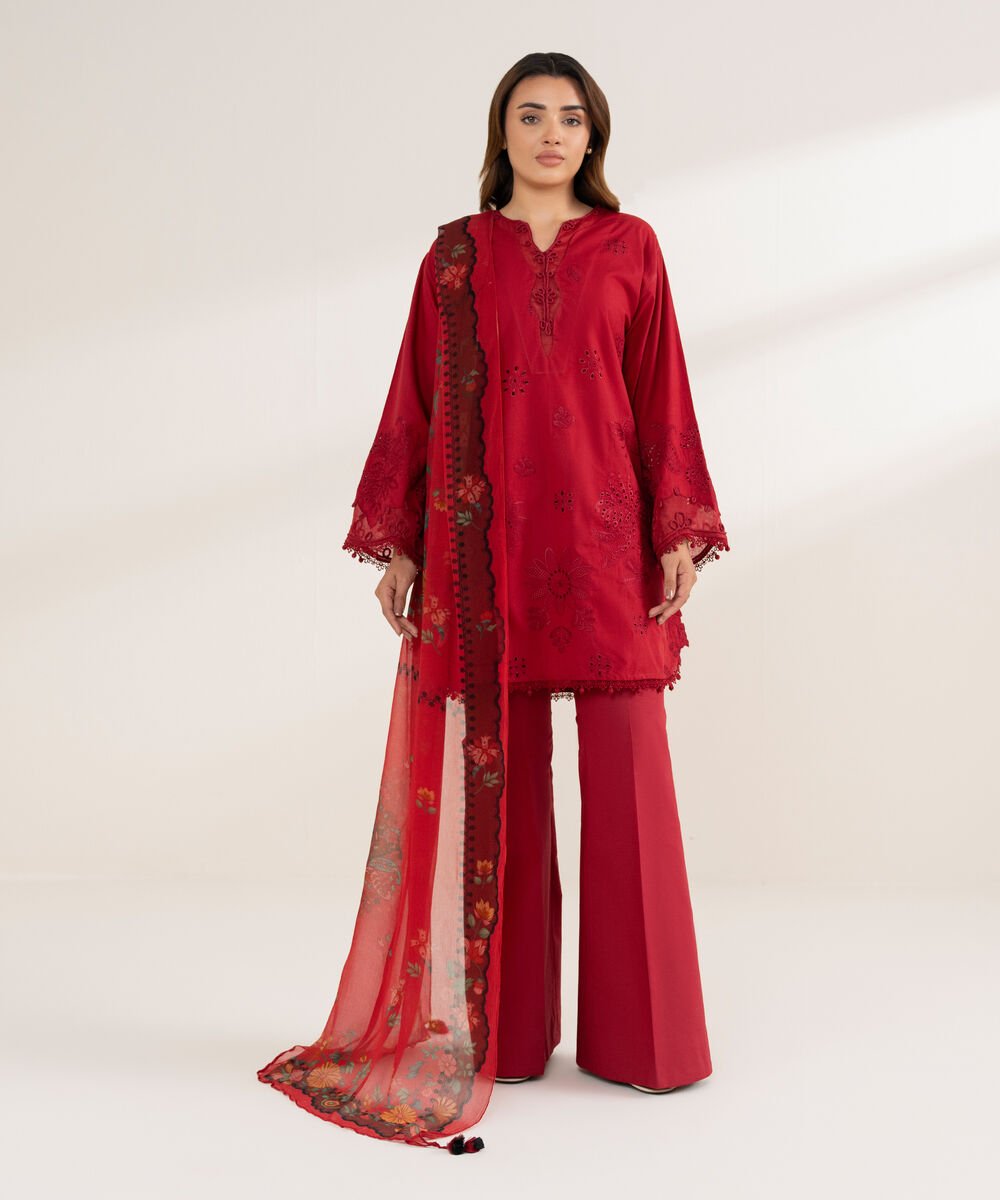 Women's Unstitched Cotton Embroidered Red 3 Piece Suit