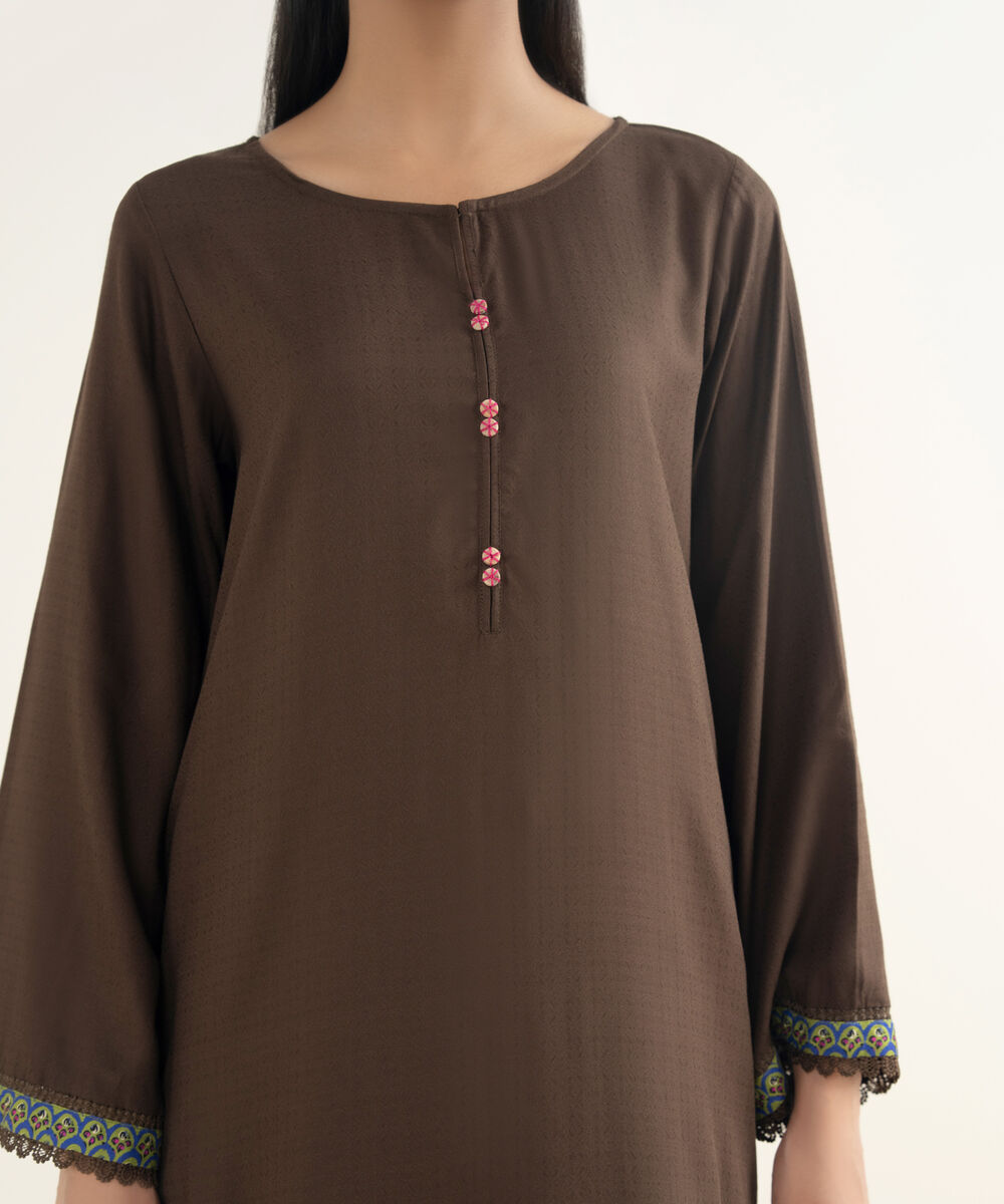Women's RTW Textured Viscose Solid Brown Straight Shirt