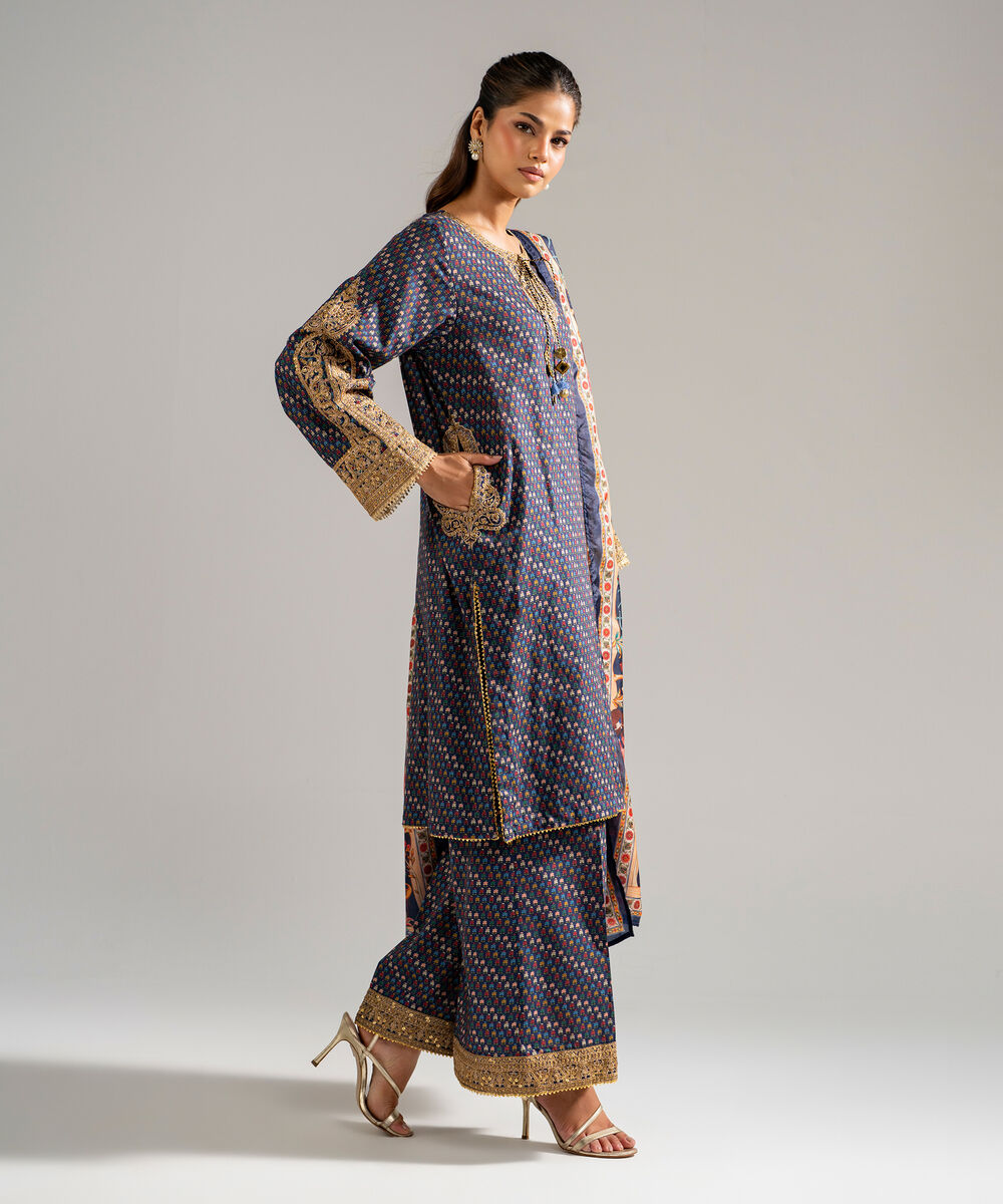 Women's RTW Dobby Embroidered Blue 3 Piece Suit