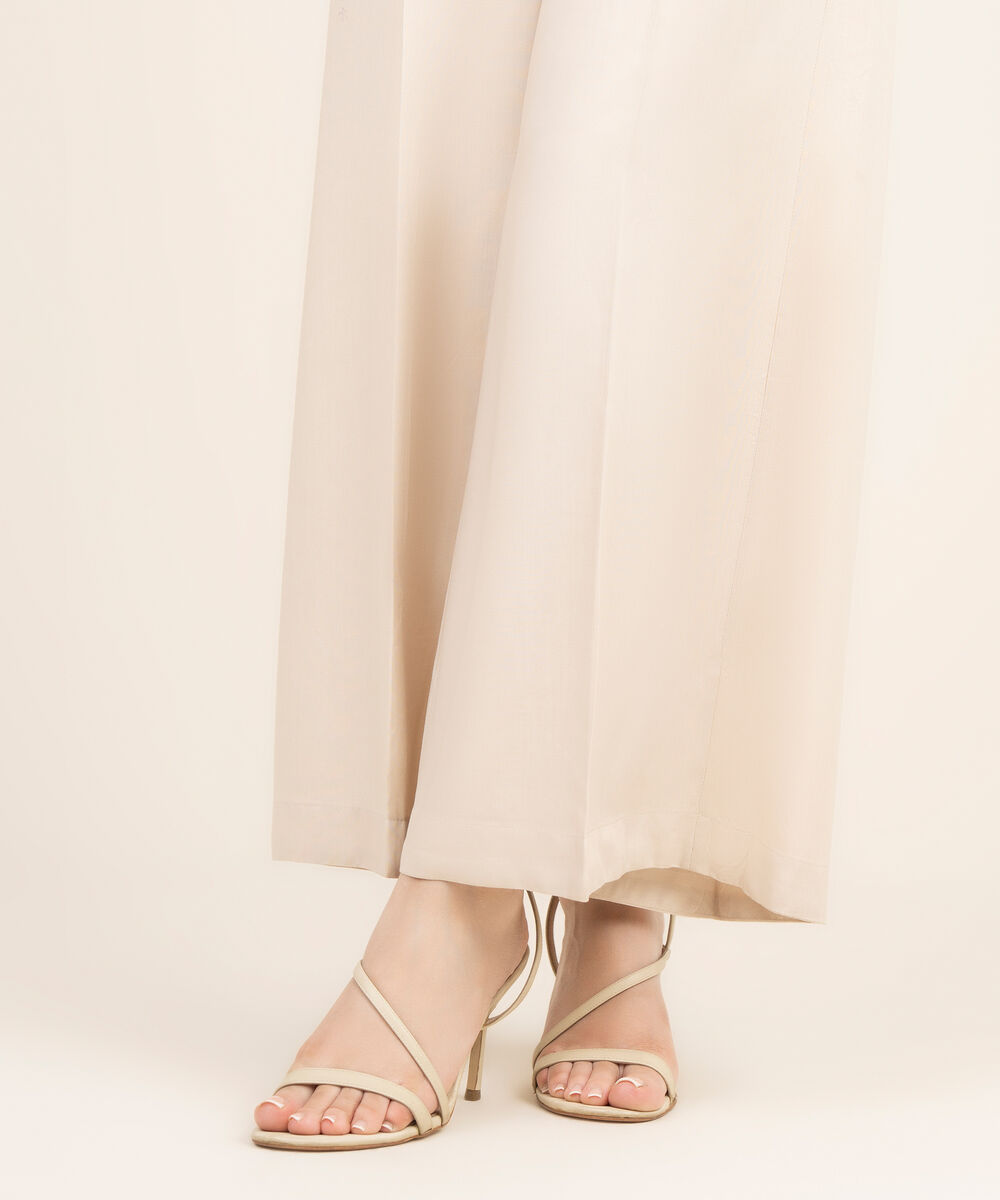 Women's RTW Viscose Linen Solid Beige Flared Pants