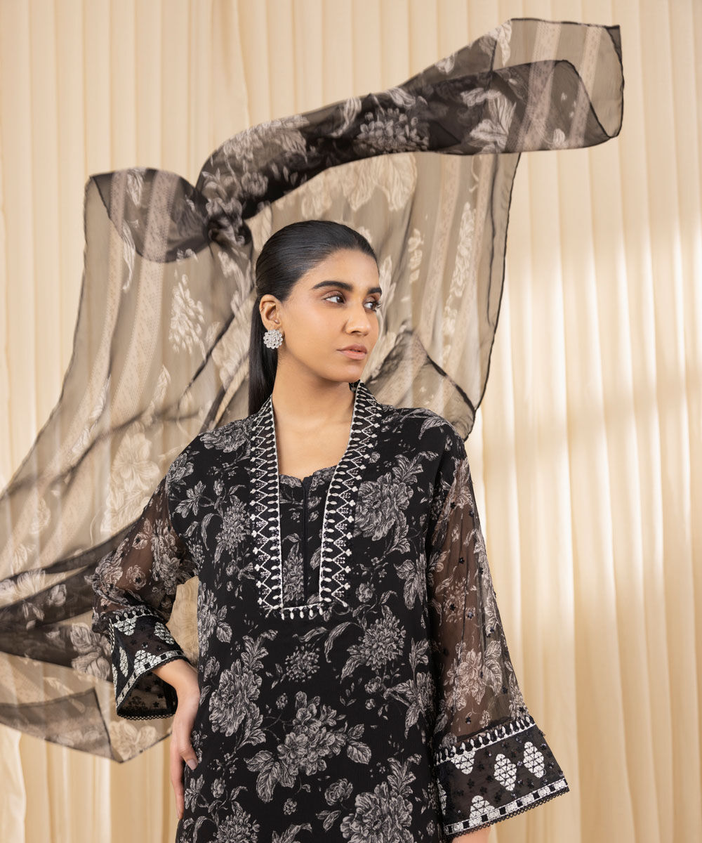 Unstitched Women's Embroidered Blended Chiffon Black Three Piece Suit