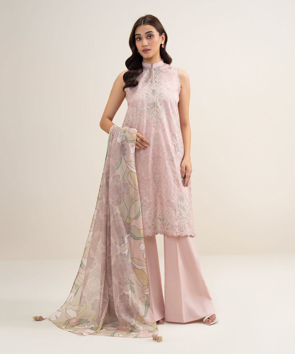 Women's Unstitched Lawn Embroidered Powder Pink 3 Piece Suit