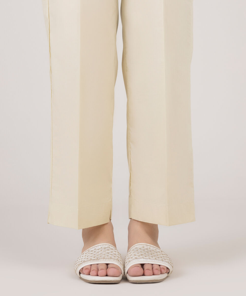 Women's RTW Cotton Linen Beige Solid Straight Pants