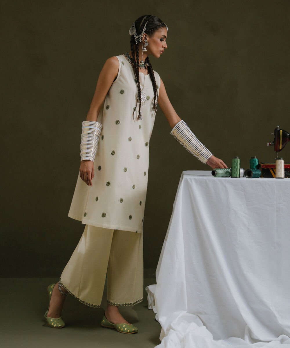 Embroidered Cotton Shirt Women's RTW Textured Cotton White Embroidered A-Line Shirt