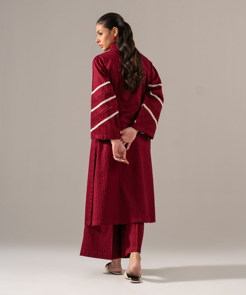 Women's RTW Dobby Strip Solid Maroon 2 Piece Suit