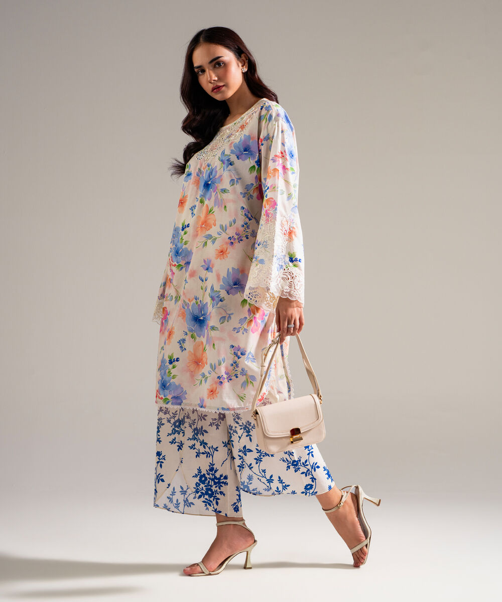 Women's RTW Lawn Embroidered Off White Drop Shoulder Shirt