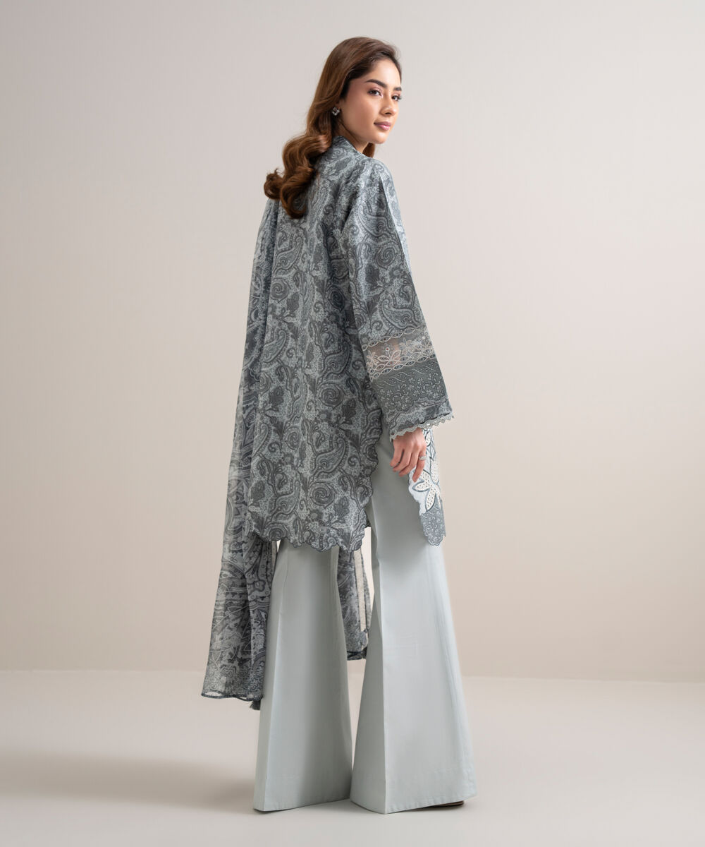 Women's Unstitched Zari Lawn Embroidered Grey 3 Piece Suit