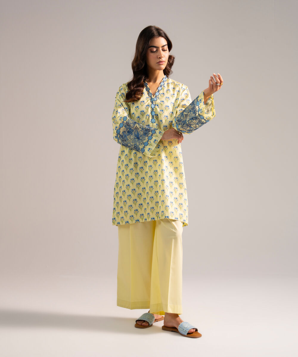 Women's RTW Lawn Embroidered Pale Yellow Straight Shirt